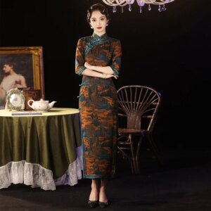 Modified Long Type Cheongsam New Retro Style Elegant Dress Sleeve Mom Wear
