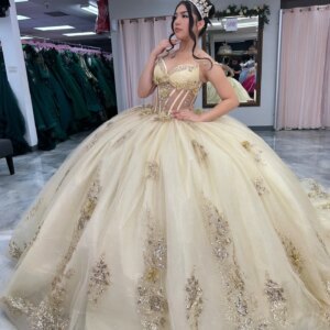 2025 Modest Illusion Waist Long Train V neck Ball Gown Champagne Quinceanera Wedding Formal Dresses with Straps Floral Flowers