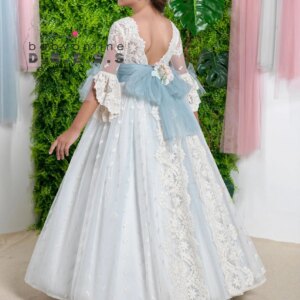 BABYONLINE Customized Fairy Girl Communion Dress Bow Half Illusion Lace Sleeve Mulit-layered Floral Tulle Embroidery MiniBride