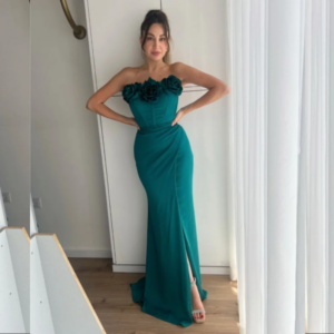 Customized Flowers front slit Mermaid Evening Dresses Strapless Floor length Prom Gowns Pleat Jersey Party Dresses