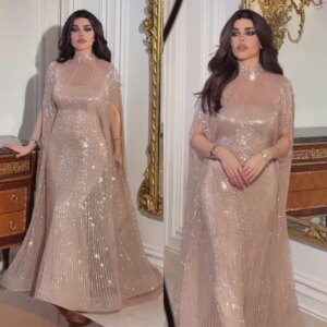 Customized Sequin Ruched Beach A-line High Collar Bespoke Occasion Gown Long Dresses Saudi Arabia