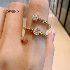 LUOWEND 100% 18K Yellow Gold Rings Luxury Cool Girl INS Style Real Natural Diamond Engagement Ring for Women High Party Jewelry