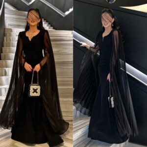 Customized Modern Style V-Neck Trumpet / Mermaid Tulle Draped Floor-Length Satin Bespoke Occasion Dresses Evening