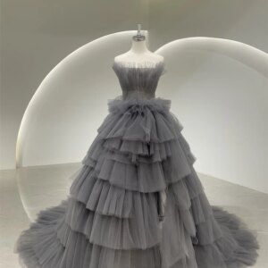 Strapless Pleating Evening Derss Luxurious Cake Dress Net Ruffles  Party Ball Gown