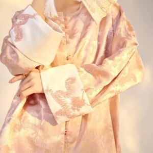 New Chinese style jacquard embroidery dragon acetic acid shirt pink light luxury temperament long-sleeved blouse