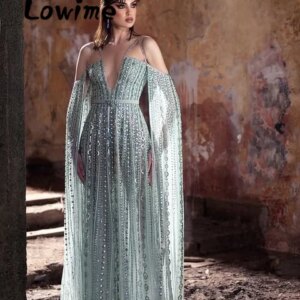 V Neck Sexy Prom Dresses 2024 Luxury Celebrity Dress Long Cape Sleeves A Line Party Engagement Gowns Dresses Robe De Soiree 2024