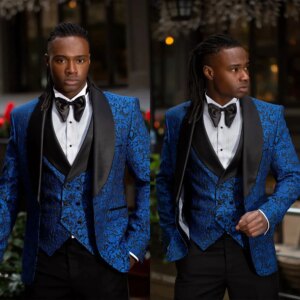 Floral Jacquard Men’s Wedding Suit Shawl Lapel Tuxedos Slim Fit Groom Wear Evening Party 3 Pcs Jacket Pants Vest Custom Made