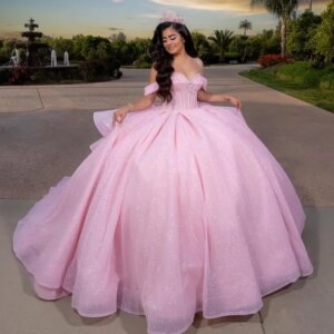 Customized Shiny Pink Off Shoulder Quinceanera Dress crystal sequin Tull Lace trailing Bow vestidos de 15 Quinceanera