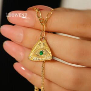 LUOWEND 100% 18K Yellow Gold Necklace Luck Evil Eyes Design Real Natural Emerald Pendant Necklace for Women High Party Jewelry