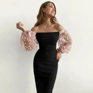 Little Daisy Customized Elegant Black Evening Dresses Strapless Lace Appliques Puff Sleeves Mermaid Party Dress 2024 Formal Prom