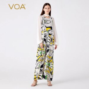 (Fans Exclusive Discount) VOA Printed Heavyweight Silk O-neck Shirt Sleeve Ribbon Collision Loose Fashion Jumpsuit Women KE907