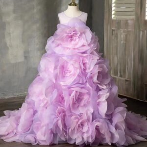 Jill Wish Luxury Arabic Lilac Girl Dress Handmade 3D Flowers Dubai Kids Princess Birthday Wedding Party Ball Gown 2025 J201