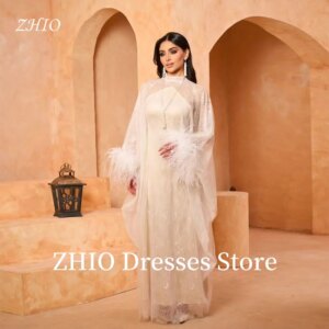ZHIO Exquisite Evening Dress Ostrich Feathers Lace Beads Tiered Formal Occasion Dresses for Saudi Arabic Customized Elegant