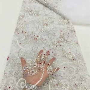 Elegant Luxury Beads Lace African 2024 High Quality 5 Yards Handmade Sequins Fabric Nigeria for White Bridal Lace Fabrics Q140-1