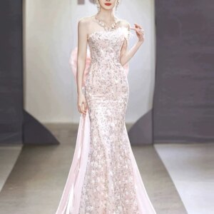 Pink Prom Dresses Sequins Tulle Spaghetti Strap Mermaid Light Luxury Princess Graduation Birthday Woman Evening Celebrity Gowns