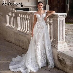 Elegant Appliques Lace Tulle Backless A-line Wedding Dresses For Women 2025 Detachable Train Bridal Gown Vestidos De Noiva