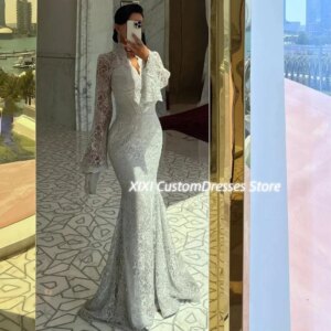 Customized Prom Dresses Long Sleeves Lace Luxury Evening Dresses Luxury Evening Dresses V-Neck Mermaid Wedding Party Dress Vesti