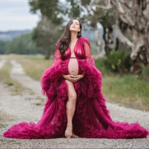 Elegant Fuchsia A Line Maternity Gowns for Photography Tiered Ruffles Women Pregnancy Robes Sexy Floor Length Babyshower Dresses