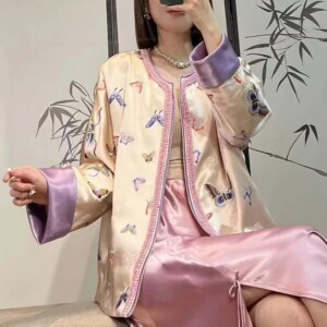 Autumn Winter New Round Neck +Beading Acetate Fabric Embroidered Butterfly Contrast Cuffs Fashion Women’s Coat S-XL