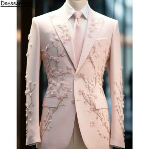 Pink Formal Men Business 3D Floral Lace Occasion Tuxedos Grooms Wedding Party Prom Male Suit 2 Piece Set Blazer Pants