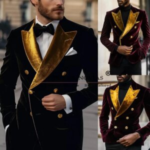Italian Designer Groom Wedding Suits Double Breasted Velvet Lapel Prom Blazers Formal Party Goom Wedding Tuxedos 2 Pieces Sets