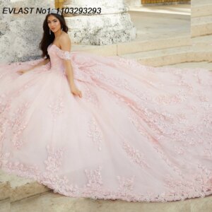 EVLAST Customized Pink Ball Gown Quinceanera Dress Gold Lace Applique Beading Bow Corset Sweet 16 Vestidos De 15 Anos E1Q687