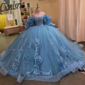 Light Blue Off The Shoulder Quinceanera Dresses Ball Gown 3D Flowers Appliques Lace Sweet 15 Años Mexican Customized