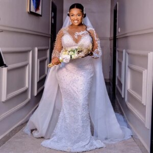 Exquisite Pearls Mermaid Wedding Dresses O Neck Lace Bridal Gown Long Sleeve Plus Size Fishtail Wedding Annversary Party Dress