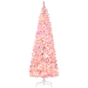 HOMCOM 7.5ft Prelit Snow Flocked Artificial Christmas Tree with Pencil Shape Pine Realistic Branches Warm White LED lights Auto