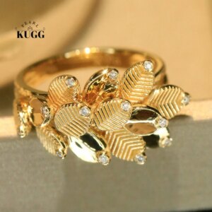 KUGG 100% 18K Yellow Gold Rings Vintage Fashion Design Coffee Bean Shape Enquisite Ring for Women High Party Jewelry