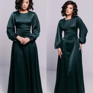 Customized  Temperament Green Satin Evening Dress Exquisite Crew Neck Long Sleeves Lace Up Back Sweep Train Homecoming