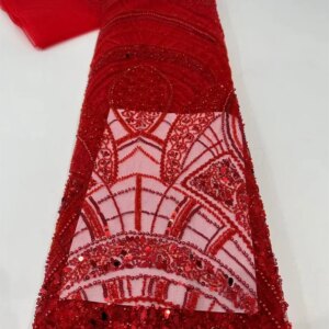 Luxury Red Lace Fabric 5 Yards Dubai Hand Beaded Tulle Lace Fabric Embroidered Sequins African Nigerian Fabric For Sewing A284-1