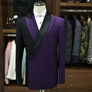 Black Purple Stitching Formal Men Suits Two Pieces Evening Party Blazer Groom Wear ( Jacket+Pants )