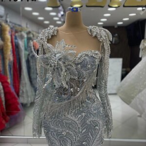 New Designer Silver Beaded Evening Dress Dubai Long Sleeve Tassels 3D Appliques Mermaid Formal Party Dress Woman Wedding Gowns