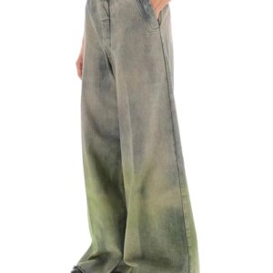 Yellow Green Gradient Scrape Cat Beard Worn Tooling Straight Wide Leg Horn Stacked Mop Jeans for Men