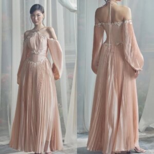 Customized Casual Chiffon Pleat Flower A-line Halter Midi Dresses Bespoke Occasion Dresses Classic Exquisite Modern Style Pastro