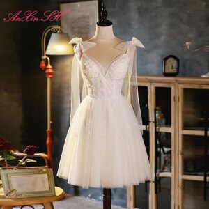 AnXin SH princess white lace big bow party spaghetti strap v neck beading pear short customized evening dress little white dress