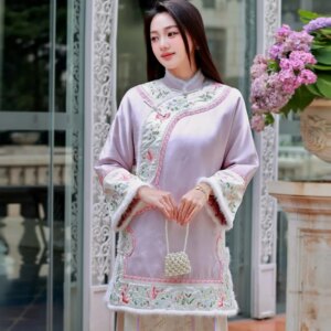 High-end Winter Women Warm Outerwear Embroidery Elegant Lady Luxurious Loose Chinese New Year Acetate Trench Coat Female S-XXL