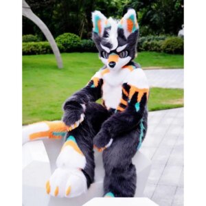 Black Long Fur Husky Dog Fox Mascot Costume Fursuit Halloween Suit Cosplay