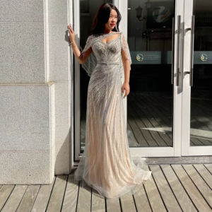 Luxury Beading Dubai Evening Dresses for Women 2025 Cap Half Sleeve Sweep Train Gowns Special Occasion Customized Dress