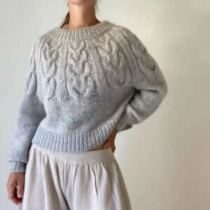 Bubble sleeve round neck Fried Dough Twists pullover hand knitted sweater loose comfortable mohair top spring and autumn new