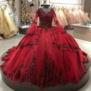 Sparkly Burgundy Ball Gown Quinceanera Dresses Long Sleeves V Neck Corset vestidos de 15 quinceañera Customized robes de soirée