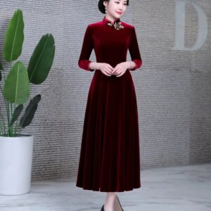 Yourqipao Thicken Velvet Autumn and Winter Chinese Improved Cheongsam Traditional Qipao Modest Mother Dress
