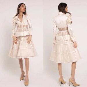 Customized Jersey Flower Sequined Beading Ruched Prom A-line V-neck Bespoke Occasion Gown Knee Length Dresses