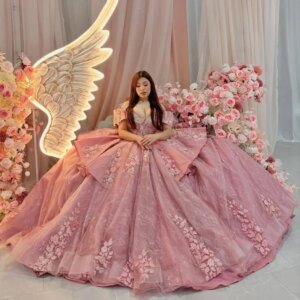 Customized Shiny Pink Off Shoulder Quinceanera Dress sequin applique crystal Lace flower ruffle Bow vestidos de 15 Quinceanera