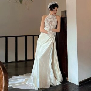 New Chinese Style Morning Dress Gown Women Wedding Bridal Dresses Sleeveless Cheongsam Perspective Lace Qipao Female Vestidos