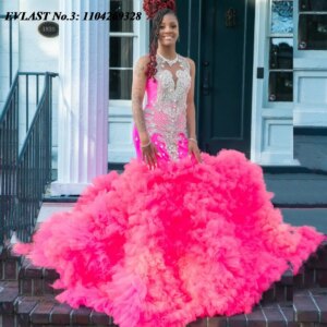 EVLAST Customized Sparkly Pink Ruffles Prom Dress 2025 Diamonds Crystal Beaded Black Girls Mermaid Evening Party Gown E3P201
