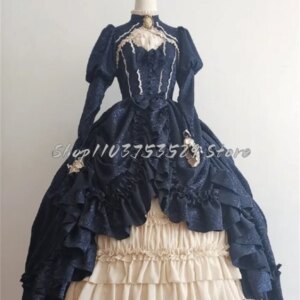 Elegant Navy Blue Victorian Prom Dresses Delicate Diamonds High Neck Ruffles Cubic Floral Ruffles Lace Up Lolita Customised