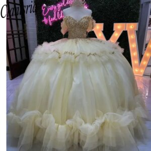 Light Yellow Tiered Ruffles Quinceanera Dresses Ball Gown Sequined Appliques Lace Beading Customized Corset Dresses Of XV Anos