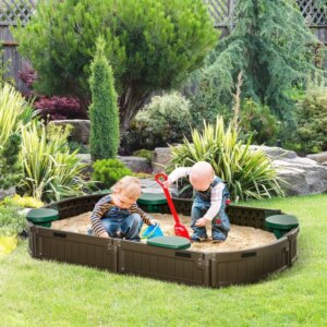 Outsunny Kids Outdoor Sandbox with Cover Garden Bed, Easy Assembly Children’s Oval Sandbox for Backyard, Brown